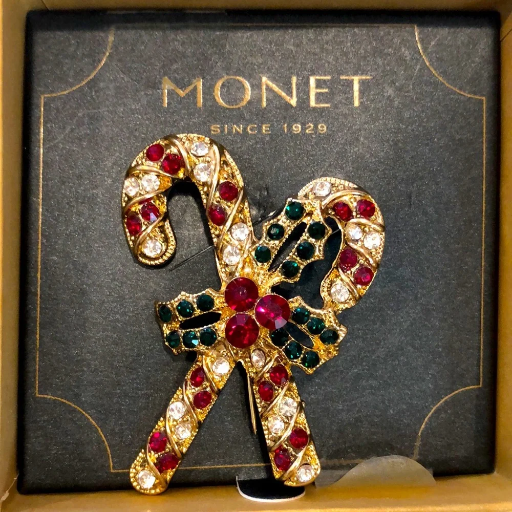 MONET DOUBLE CANDY CANE RHINESTONE GOLD TONE BROOCH RED WHITE GREEN NEW IN BOX